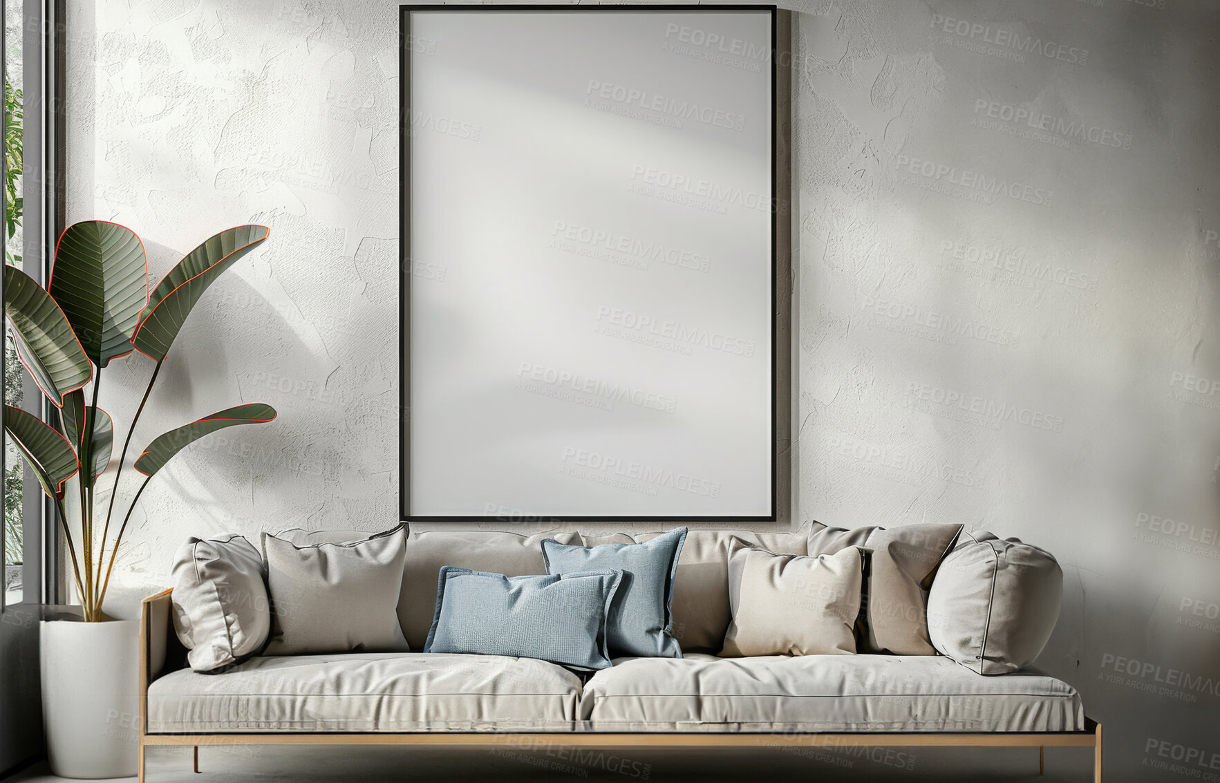 Buy stock photo Interior, home decor and empty frame at sofa for creative space, aesthetic or furniture in apartment. Art, mockup or blank canvas for luxury house, calm living room or natural decoration in lounge