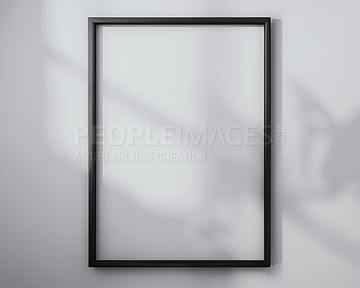Black frame, home and blank mockup space with poster, art and canvas for gallery or house. Paper, design and wall for minimalist interior decor while moving to new real estate with room decoration