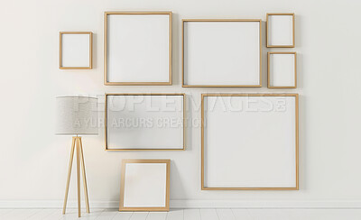 Frame, home and blank poster with mockup space and minimal design with wood picture. Minimalist, canvas and floor with white wall and moving in to a new house with interior decor and board for art