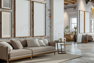 Interior design, decor and empty frame in apartment for creative space, art or aesthetic furniture in showroom. Rustic, mockup or blank canvas for luxury home, calm lounge or natural house decoration