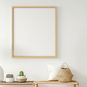 Interior design, empty frame and console table with decor for ...
