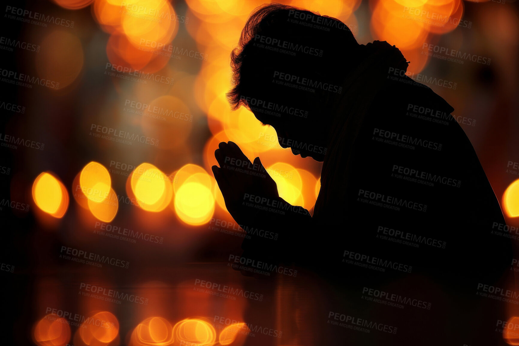 Buy stock photo Christian, praying and silhouette of man in church for worship, spiritual service or gospel in cathedral. Chapel lights, religion and person with faith, belief and hope for prayer, praise or guidance