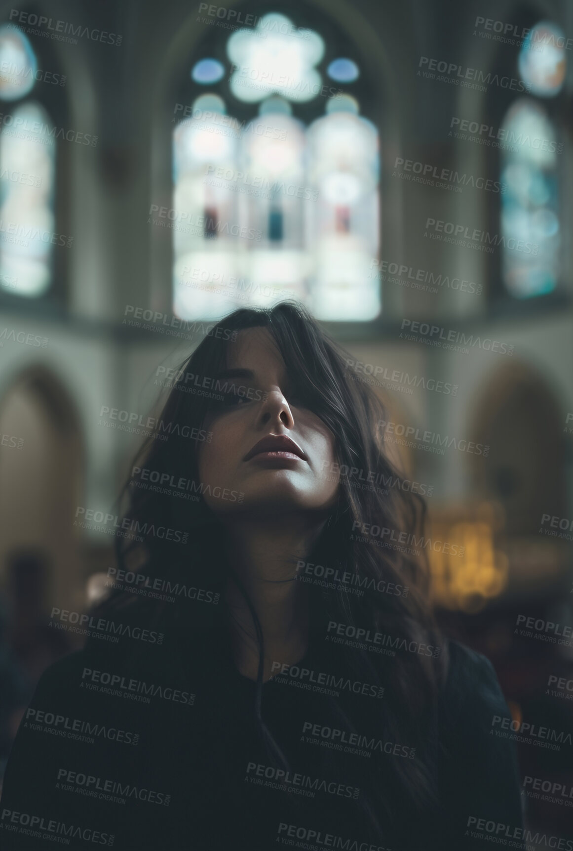 Buy stock photo Christian, religion and woman in church for worship, spiritual service and gospel in cathedral. Chapel, religious and face of person with faith, belief and hope for prayer, praise and gratitude
