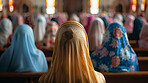 People, church and belief in group prayer, faith and religion for security or gratitude and support. Women, scarf and respect for worship or spiritual healing, back and veil for connection to God