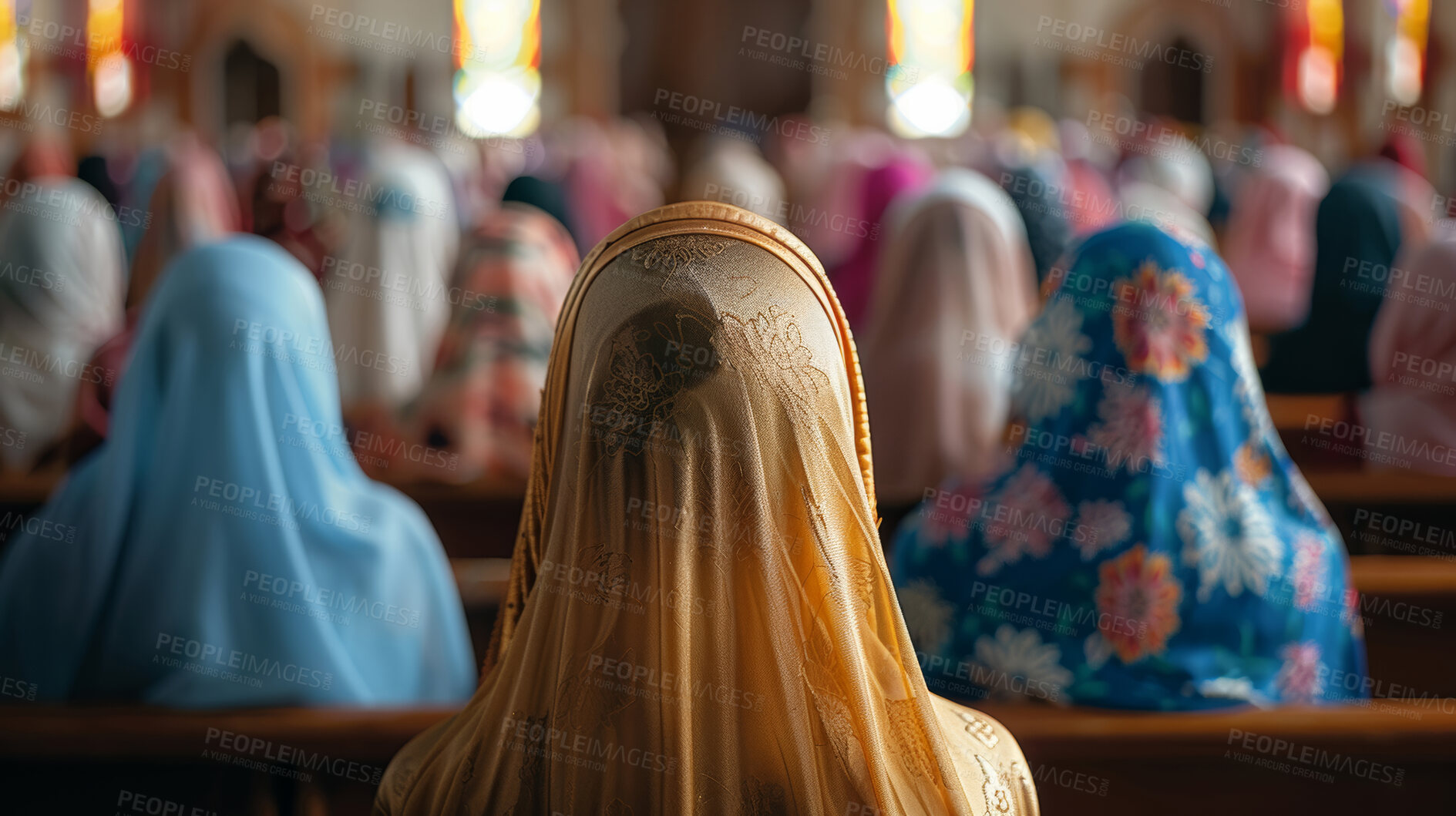 Buy stock photo People, church and belief in group prayer, faith and religion for security or gratitude and support. Women, scarf and respect for worship or spiritual healing, back and veil for connection to God