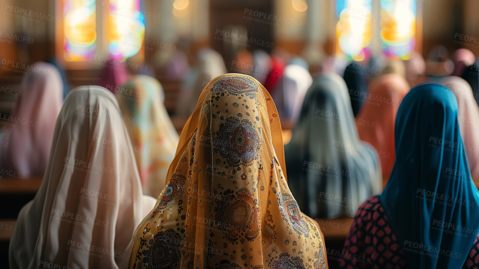 Buy stock photo People, church and back for prayer, faith and religion for security or gratitude and support in Prague. Women, scarf and respect for worship or spiritual healing, chapel and veil to connect to God