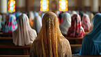 People, church and back for group prayer, faith and religion for security or gratitude and support. Women, scarf and respect for worship or spiritual healing, chapel and veil for connection to God