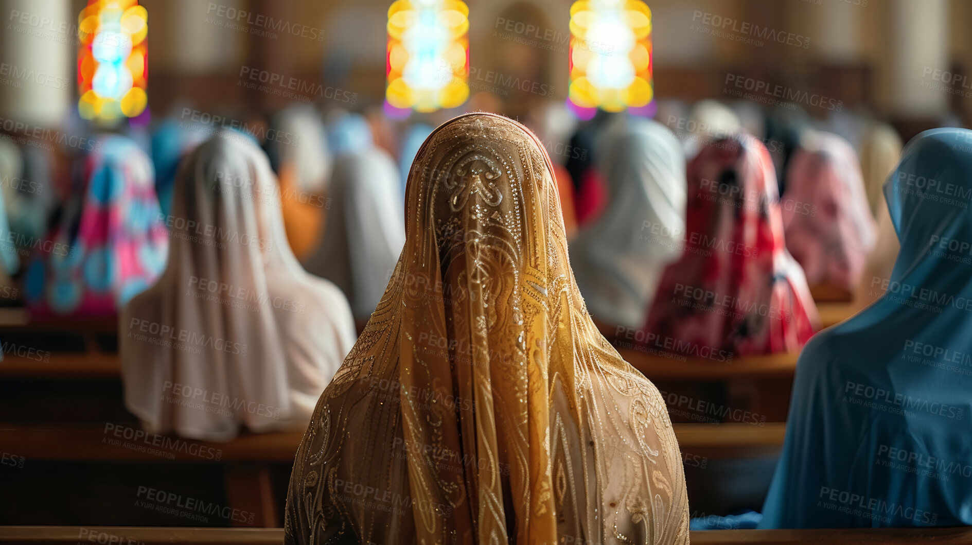 Buy stock photo People, church and back for group prayer, faith and religion for security or gratitude and support. Women, scarf and respect for worship or spiritual healing, chapel and veil for connection to God