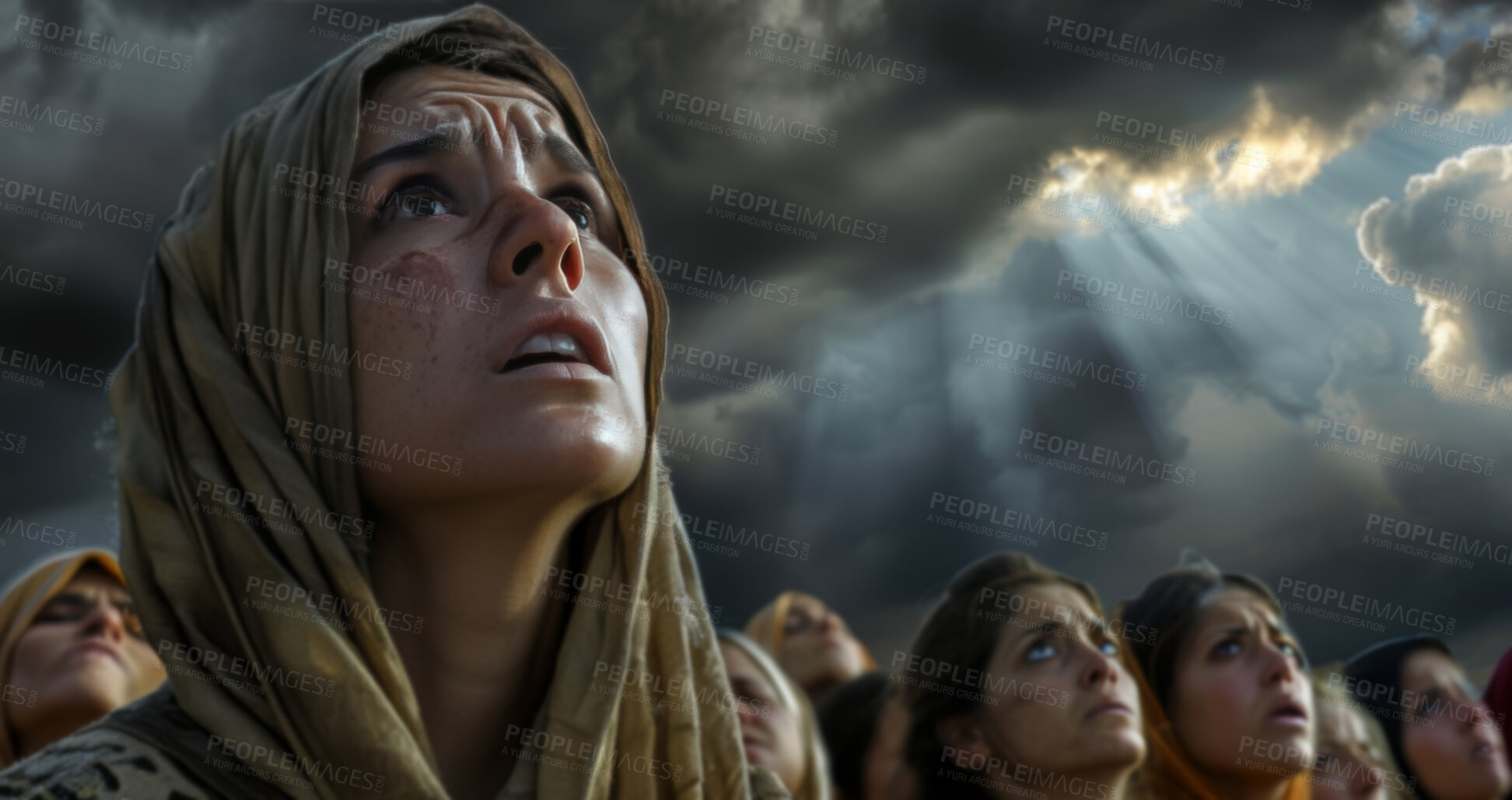 Buy stock photo People, god and salvation or heaven hope for Christianity religion for group community, faith or apocalypse. Women, looking up and sky for redemption on battlefield, day of judgment or armageddon