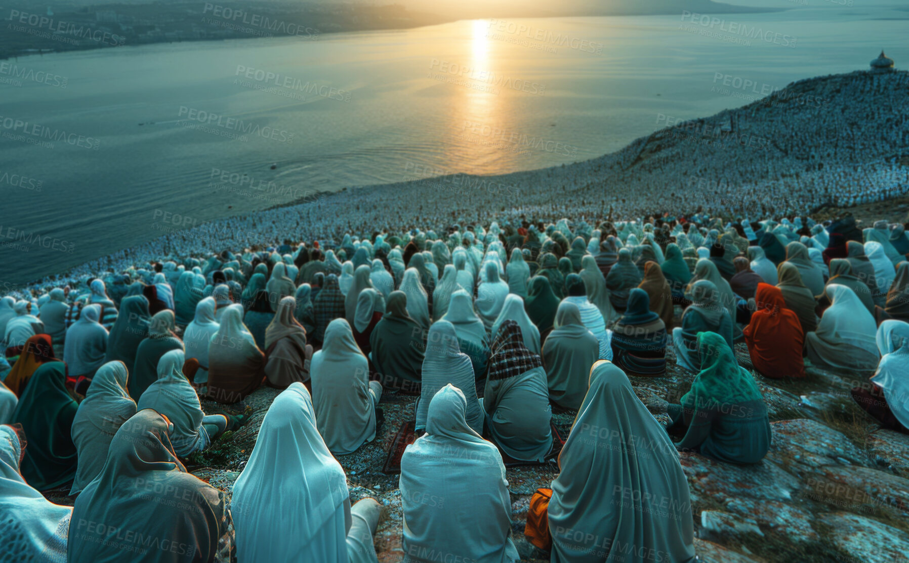 Buy stock photo Muslim group, people and sunrise on hill, outdoor or religion for hope, prayer or solidarity by water in morning. Pilgrim, crowd and peace by river, sea or lake in dawn sunshine for refugee migration