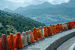 Muslim, faith and group of women with praying for worship, spiritual healing and gratitude in dua. Mountain, Islam and community in nature with hijab for religious respect, peace and praise to Allah