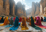 Women, outdoor and prayer with faith, religious and peace with compassion, unity and gratitude. Sri Lanka, group or followers with trust, worship and people with help, hope or spiritual with Buddhism