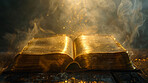 Open book, magic and fantasy story with gold dust for education, literature and sacred text on table. Glow, light or fairy sparkles of novel for rare artefact, vintage or library aesthetic background