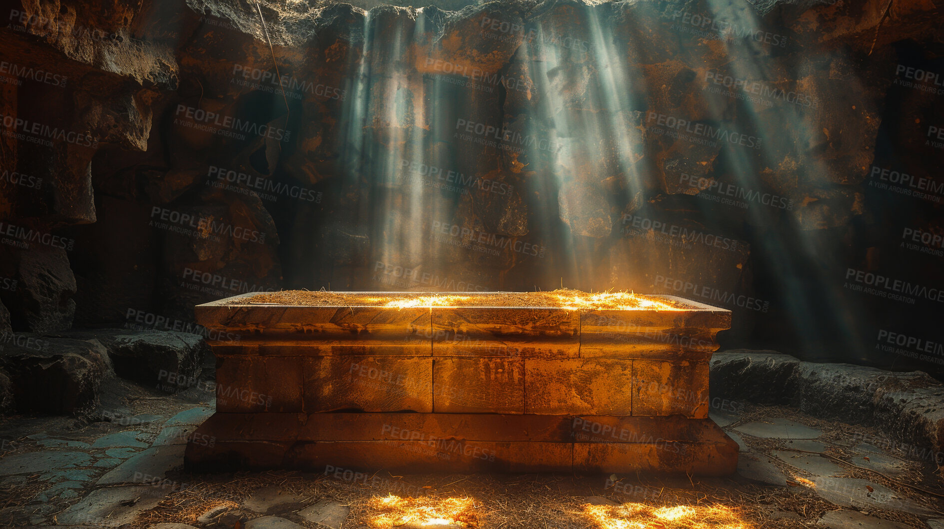 Buy stock photo Art, abstract and empty tomb of Jesus Christ for Christianity, faith and resurrection. Bible, he is risen and sacred light shine on cave burial for hope, salvation and holy Jerusalem resting place