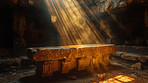 Sun, ray and tomb with light on stone for heaven, pharaoh or Egyptian monument of ancient coffin. Empty room with sunshine for historic landmark, hope or faith of ascension, rebirth or holy power