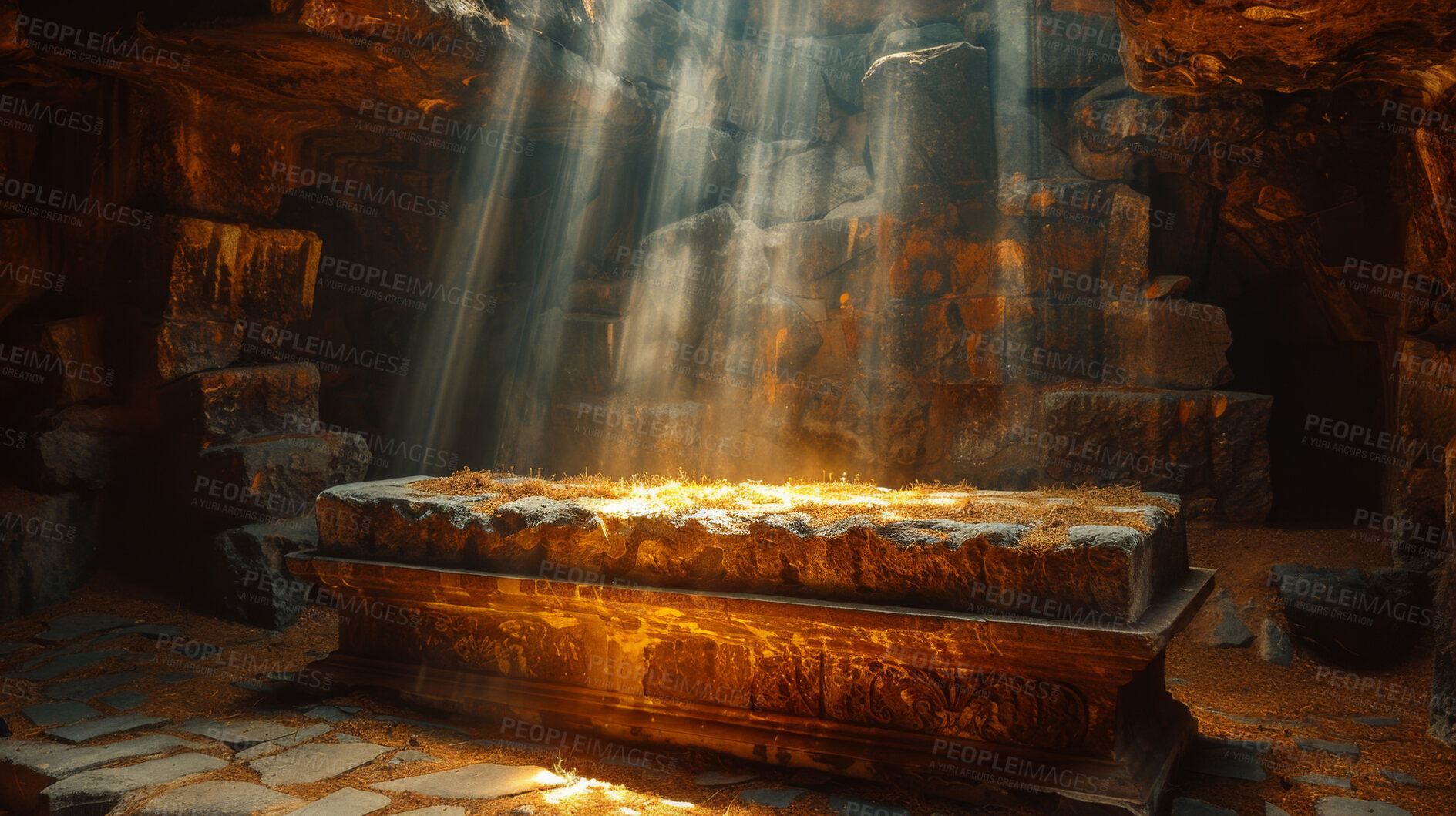 Buy stock photo Art, illustration or empty tomb of Jesus Christ for Christianity, faith or resurrection. Bible, he is risen and 3d abstract light on cave burial for hope, salvation and holy Jerusalem resting place