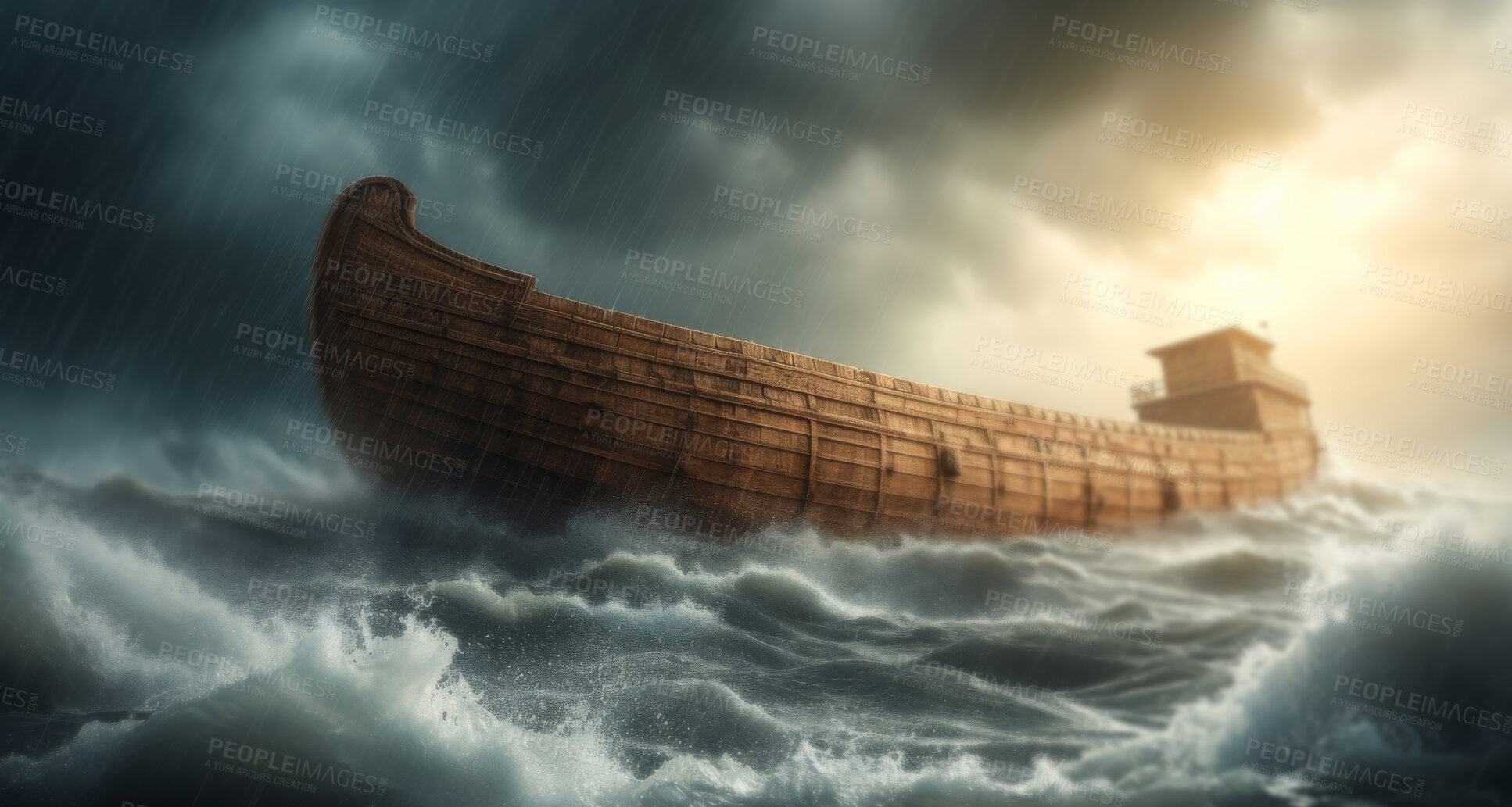 Buy stock photo Boat, storm and rain with waves at sea with christianity, religion and faith in God for natural disaster. Ark, flood and hurricane in ocean with bible story, old testament and spiritual background