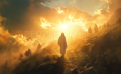 Heaven, mountain and man as Jesus at sunrise for religion, spiritual teaching and bible story. Christianity, prophet and person by sky for gospel, belief and prayer in morning for hope, faith and God