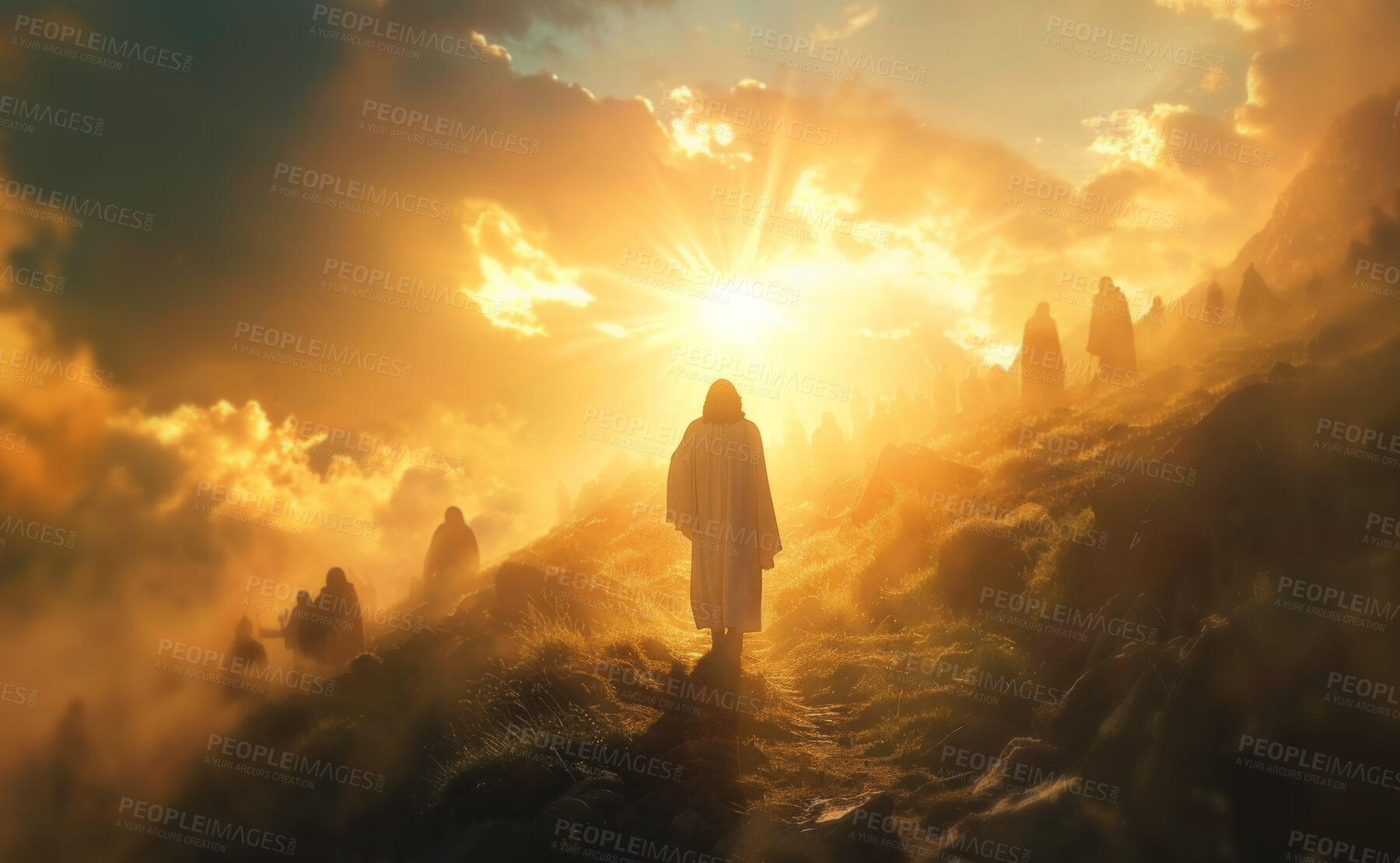 Buy stock photo Heaven, mountain and man as Jesus at sunrise for religion, spiritual teaching and bible story. Christianity, prophet and person by sky for gospel, belief and prayer in morning for hope, faith and God