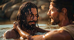 Bible, Christian and John and Jesus in water for baptism for religion, spiritual cleanse and biblical story. Gospel, Christian prophet and men in river for faith, belief and worship in holy ritual