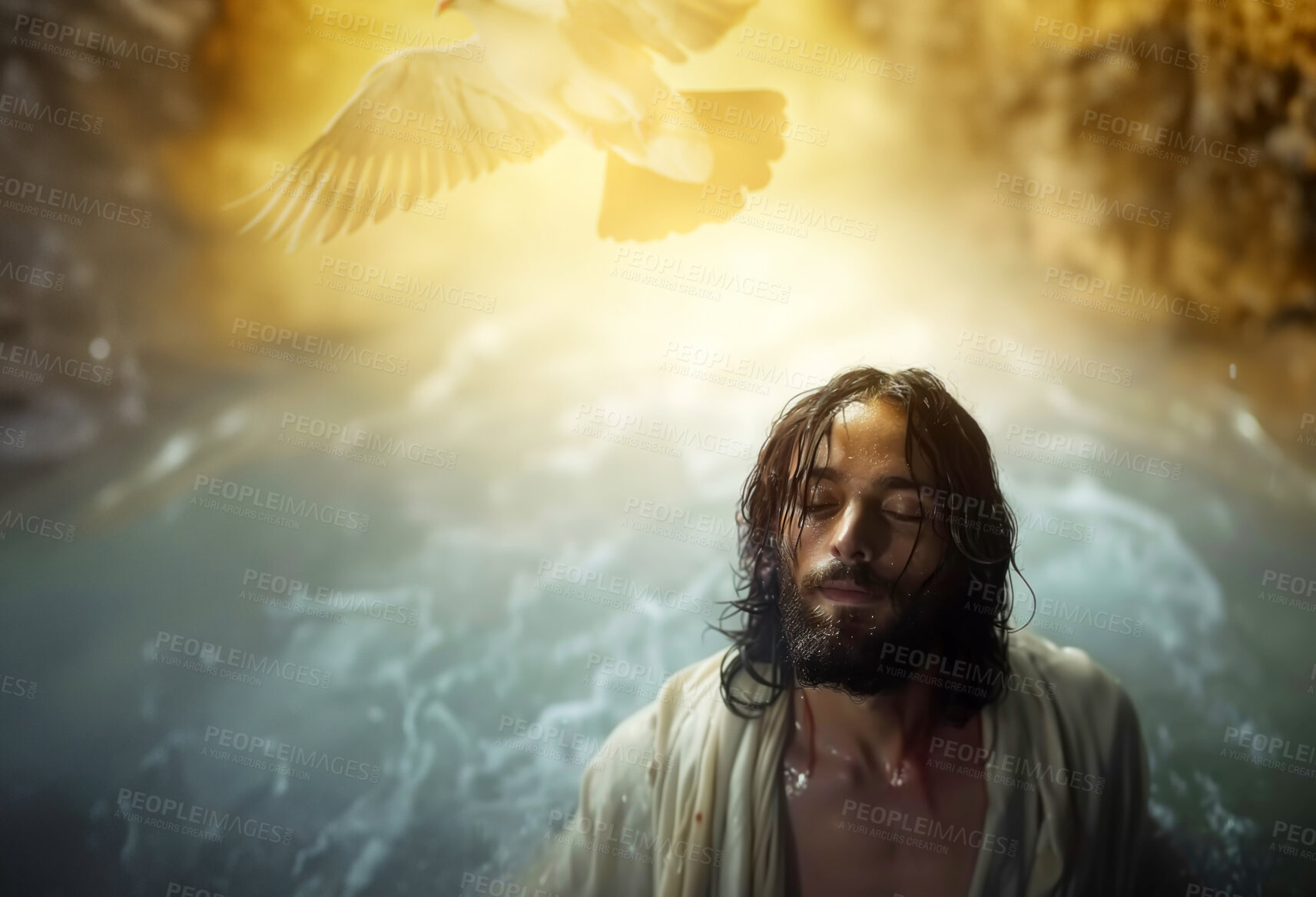 Buy stock photo Water, Christian and Jesus with dove for baptism for religion, spiritual teaching and bible story. Gospel, prophet and man as Christ with holy bird in river for faith, belief and worship with God