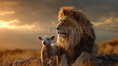 Belief, faith or religion with lion and lamb in Africa on gray sky at sunset for Christian God or Jesus. Praise, spiritual or worship with animal king and sheep on field as illustration of prophecy