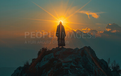 Christian, sunrise and man on mountain as Jesus for religion, spiritual teaching and bible story. Gospel, prophet and back of person with heaven illustration for faith, belief and worship in nature