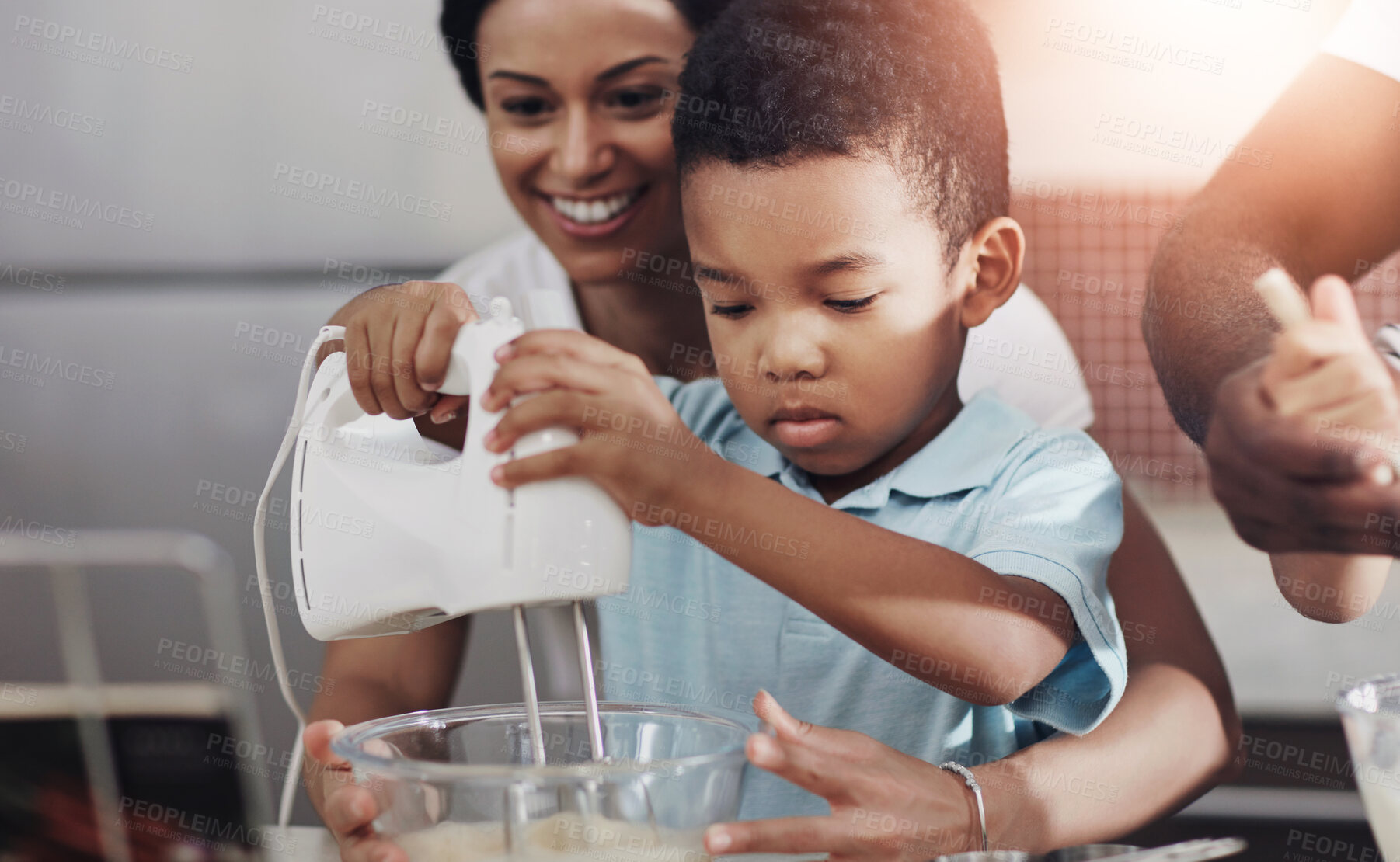 Buy stock photo Mother, child and baking with whisk machine for bonding, family time or help in kitchen at home. Mom, son or little boy preparing cookies, dough or mixture together with ingredients in bowl for snack