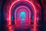 Neon, digital and light on tunnel or path for wallpaper, background and geometric pattern. Creative art, abstract aesthetic and corridor with led, glow and color for texture, holographic and spectrum