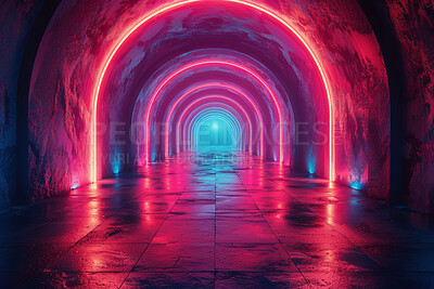 Neon, digital and light on tunnel or path for wallpaper, background and geometric pattern. Creative art, abstract aesthetic and corridor with led, glow and color for texture, holographic and spectrum