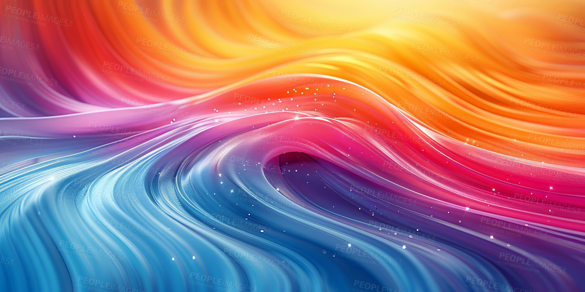 Buy stock photo Iridescent, neon wave and pattern for illustration with fluid, shape and glow on color spectrum. Creativity, light and multicolor textures for shine, bokeh or liquid with flow for psychedelic swirl