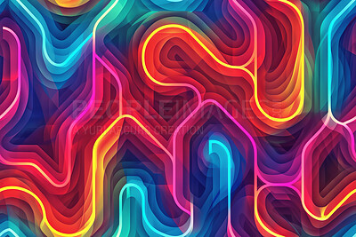 Rainbow, neon wave and pattern for illustration with lines, shape and glow on color spectrum. Creativity, light and multicolor textures for iridescent shine with geometric flow for psychedelic swirl