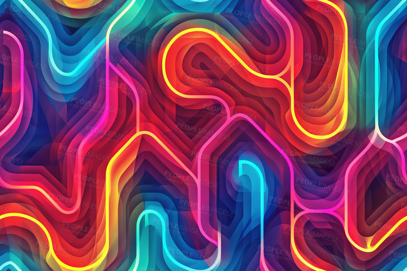 Buy stock photo Rainbow, neon wave and pattern for illustration with lines, shape and glow on color spectrum. Creativity, light and multicolor textures for iridescent shine with geometric flow for psychedelic swirl