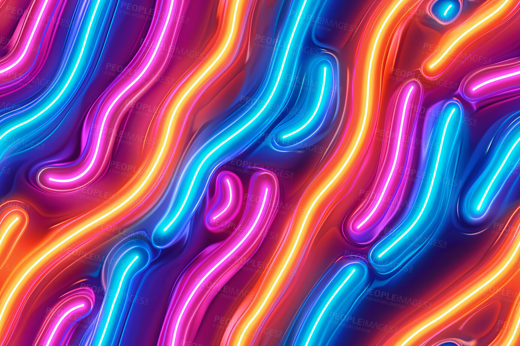 Buy stock photo Color, neon lines and retro for illustration with wave, pattern and glow on liquid in spectrum. Creativity, light and multicolor textures with iridescent shine on geometric flow for psychedelic swirl