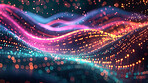 Sound wave, glow and neon with abstract wallpaper for frequency flow, data transfer and radio system. Futuristic technology, innovation and colorful dots for cloud computing and connection stream