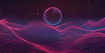 Planet, space and night with laser grid for vaporwave style, starts and waves for gravity, pattern or textures. Globe, earth and galaxy with light, glow and shine on particles for universe expansion