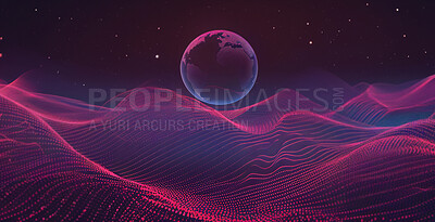 Planet, space and night with laser grid for vaporwave style, starts and waves for gravity, pattern or textures. Globe, earth and galaxy with light, glow and shine on particles for universe expansion