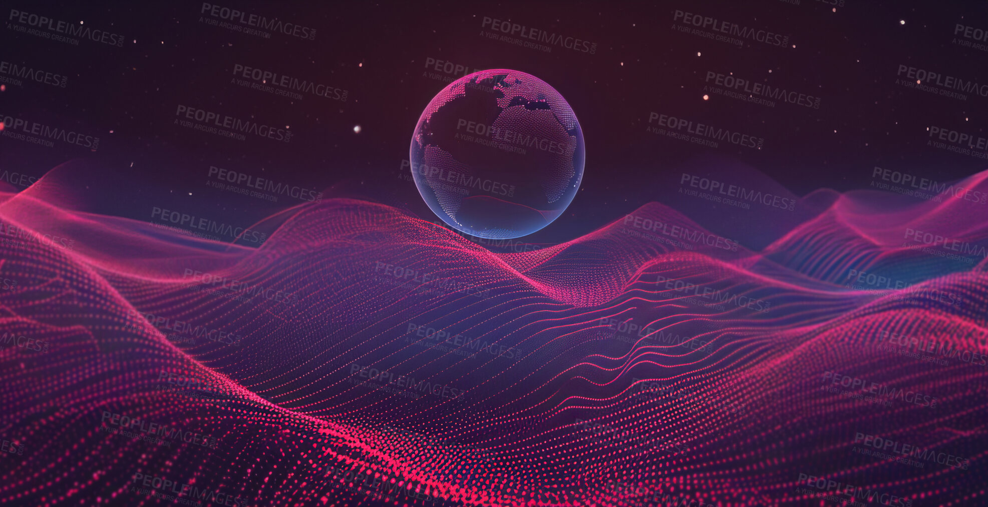 Buy stock photo Planet, space and night with laser grid for vaporwave style, starts and waves for gravity, pattern or textures. Globe, earth and galaxy with light, glow and shine on particles for universe expansion