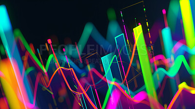 Graph, chart or neon growth of holographic, glow or business statistics on black background. Financial, illustration or stock market pattern, investment or digital transformation, cyber or networking