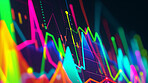 Graph, chart or neon glow of holographic, growth or business statistics on black background. Financial, illustration or stock market pattern, investment or digital transformation, cyber or networking