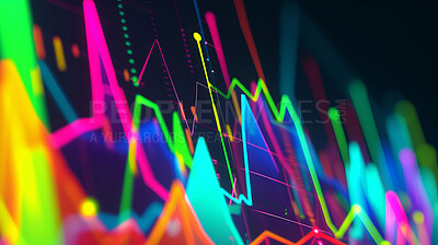Graph, chart or neon glow of holographic, growth or business statistics on black background. Financial, illustration or stock market pattern, investment or digital transformation, cyber or networking