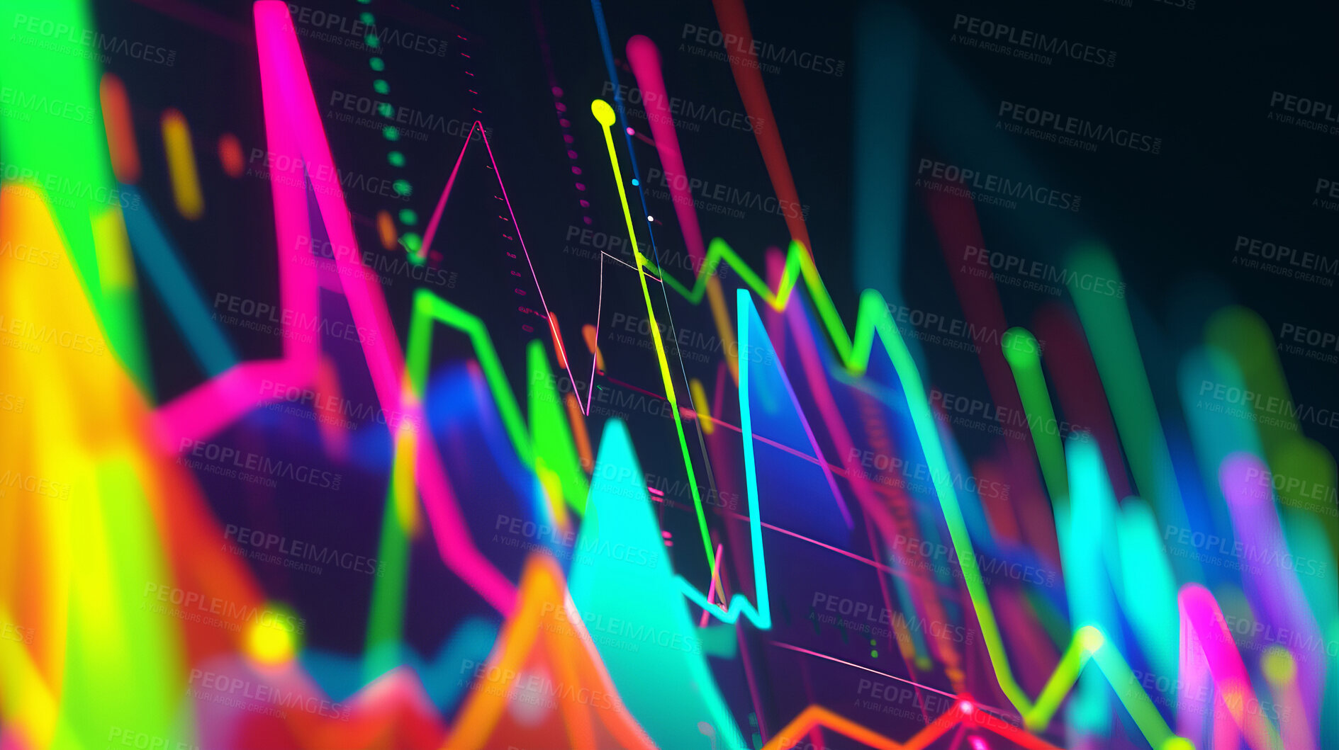 Buy stock photo Graph, chart or neon glow of holographic, growth or business statistics on black background. Financial, illustration or stock market pattern, investment or digital transformation, cyber or networking