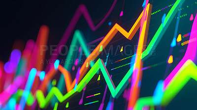 Statistics, graphs and neon chart for growth in stock exchange for economy, investment or data analytics. trading, finance and business report for profit revenue as crypto review, target or sales