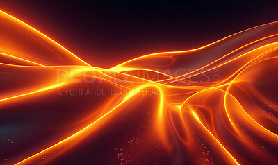 Waves, flow and orange glow or light with dark or black background for sparkling fiery effect and pattern for energy. Neon, texture and design for wallpaper or screen saver and digital hologram