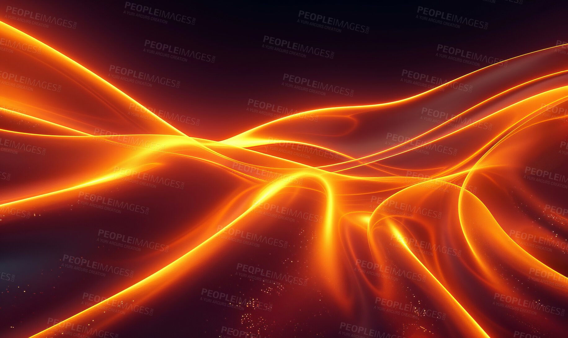 Buy stock photo Waves, flow and orange glow or light with dark or black background for sparkling fiery effect and pattern for energy. Neon, texture and design for wallpaper or screen saver and digital hologram