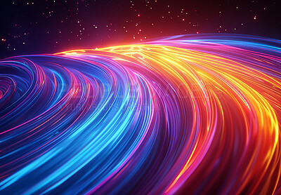 Iridescent lines, illustration and galaxy in space for stars, texture and glow on color spectrum. Creative, light and universe expansion with pattern, neon and psychedelic swirl on dark background