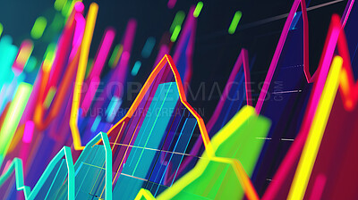 Closeup, graphs with stock market or trading chart, financial investment opportunity or crypto with neon light. Lines, pattern and digital currency with profit or growth, pay index and finance report