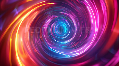 Abstract, tunnel and color neon with circles for screensaver, wallpaper and effect with lights. Design, round shapes and pattern with shine, reflection or glow and creative aesthetics with geometric