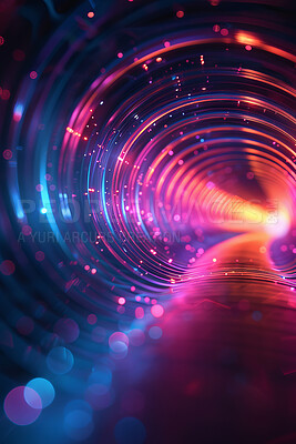 Abstract, tunnel and radial neon circles for screensaver, wallpaper and effect with lights. Sparkle, round shapes and rings pattern with color, reflection and creative aesthetics with geometric