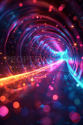 Abstract, tunnel and multicolor neon with circles for screensaver, wallpaper and effect with lights. Sparkle, round shapes and pattern with shine, reflection and creative aesthetics with night view